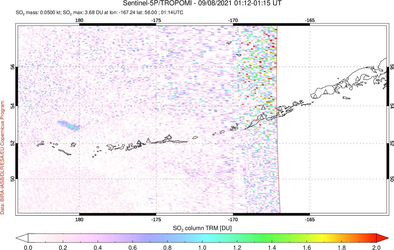 A sulfur dioxide image over Aleutian Islands, Alaska, USA on Sep 08, 2021.