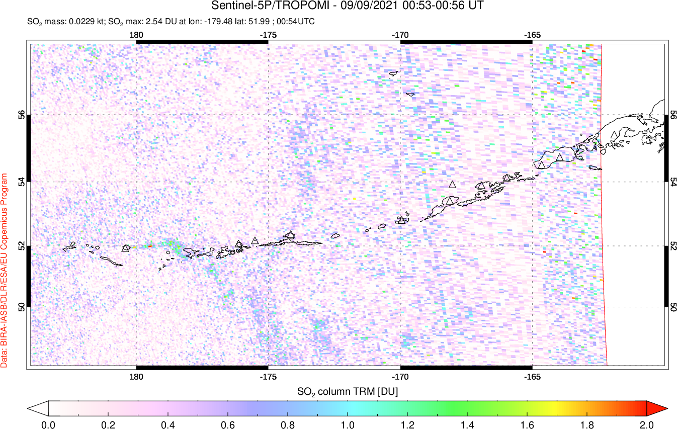 A sulfur dioxide image over Aleutian Islands, Alaska, USA on Sep 09, 2021.