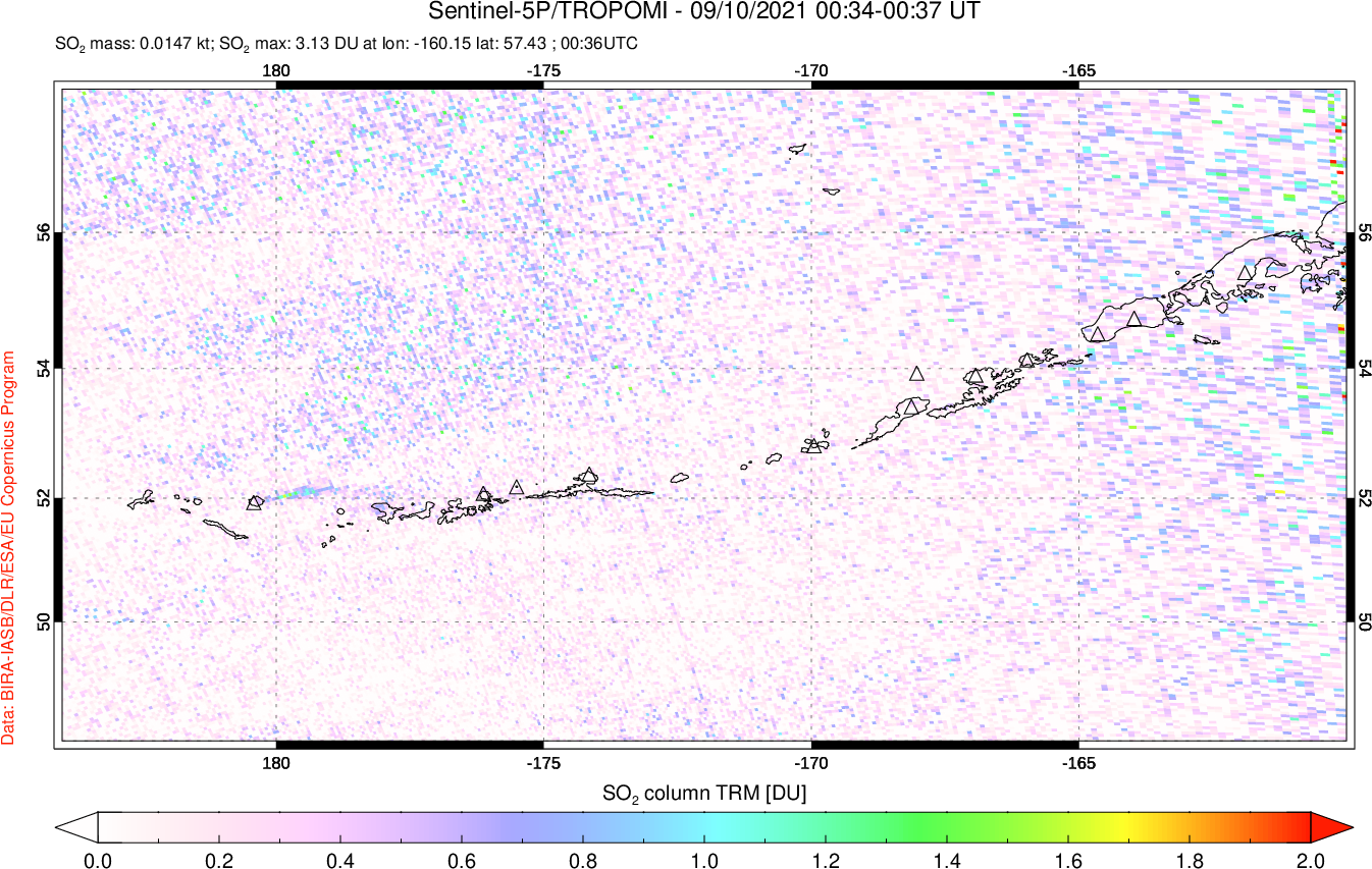 A sulfur dioxide image over Aleutian Islands, Alaska, USA on Sep 10, 2021.