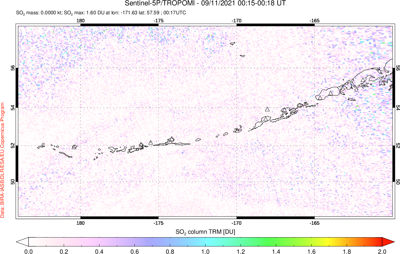 A sulfur dioxide image over Aleutian Islands, Alaska, USA on Sep 11, 2021.