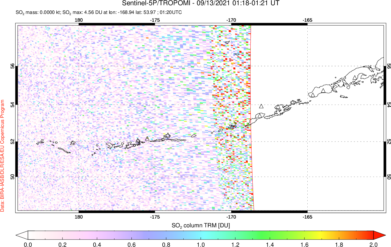 A sulfur dioxide image over Aleutian Islands, Alaska, USA on Sep 13, 2021.