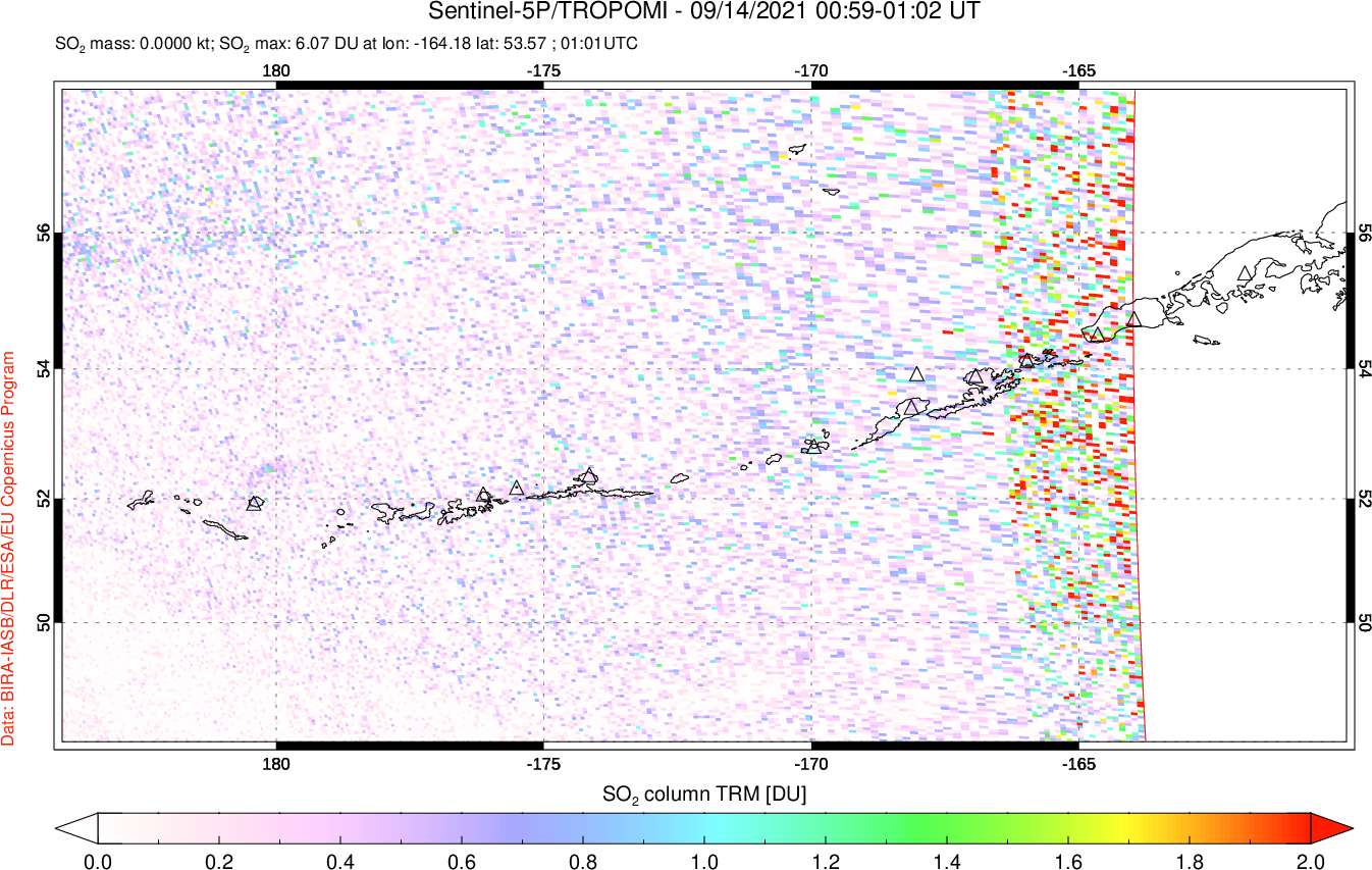 A sulfur dioxide image over Aleutian Islands, Alaska, USA on Sep 14, 2021.