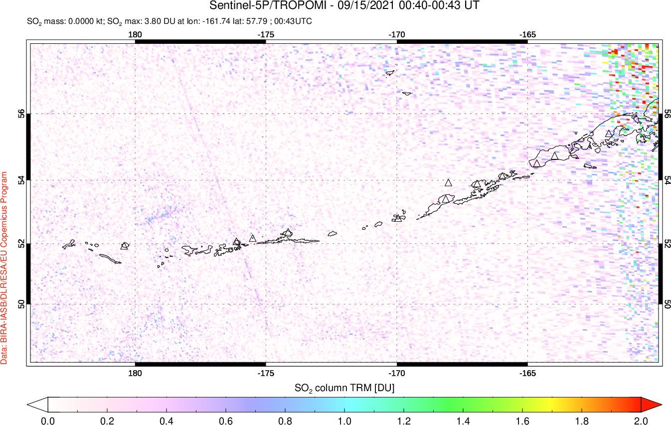 A sulfur dioxide image over Aleutian Islands, Alaska, USA on Sep 15, 2021.