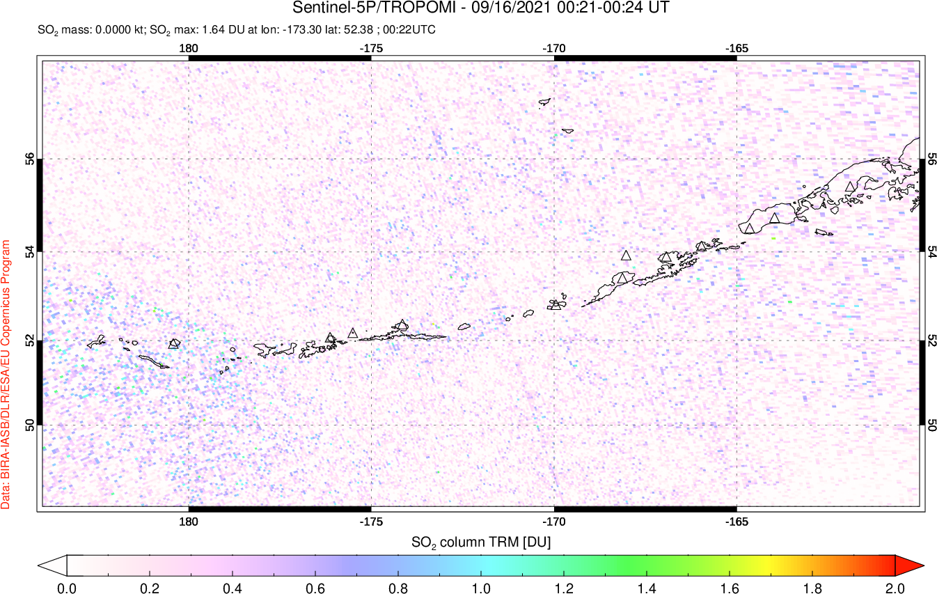 A sulfur dioxide image over Aleutian Islands, Alaska, USA on Sep 16, 2021.