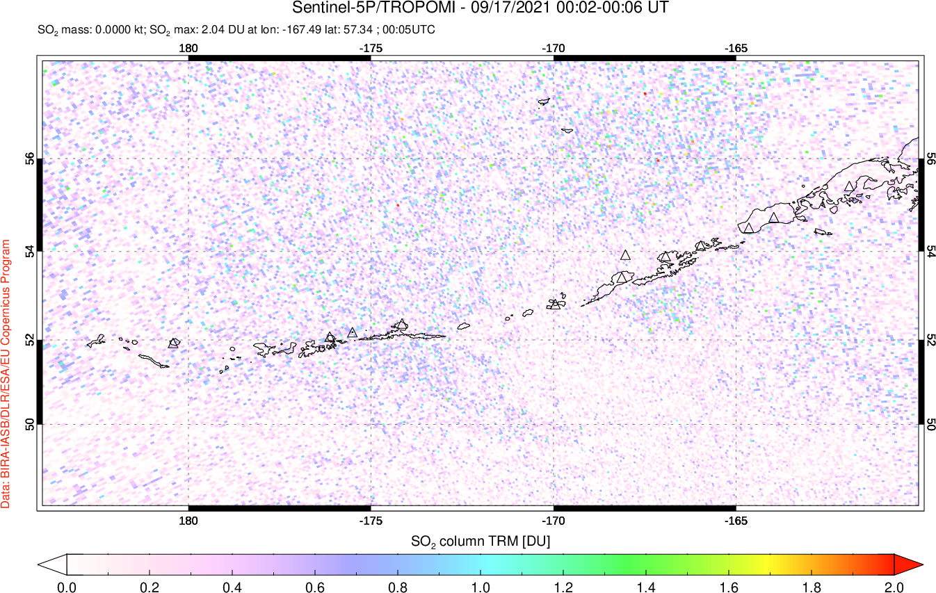 A sulfur dioxide image over Aleutian Islands, Alaska, USA on Sep 17, 2021.