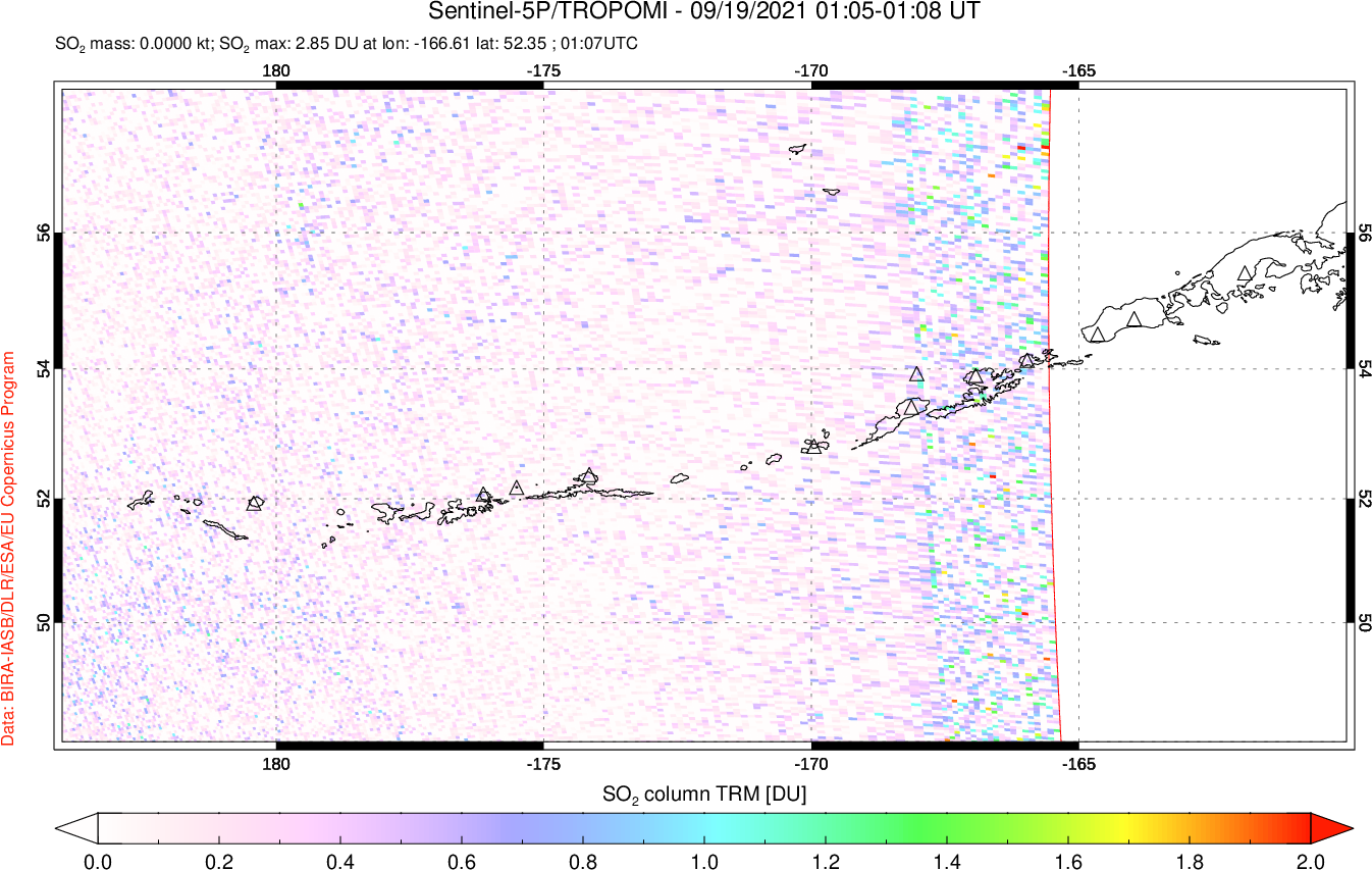 A sulfur dioxide image over Aleutian Islands, Alaska, USA on Sep 19, 2021.