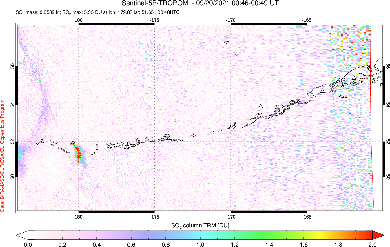 A sulfur dioxide image over Aleutian Islands, Alaska, USA on Sep 20, 2021.