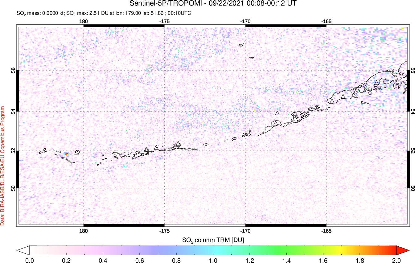 A sulfur dioxide image over Aleutian Islands, Alaska, USA on Sep 22, 2021.