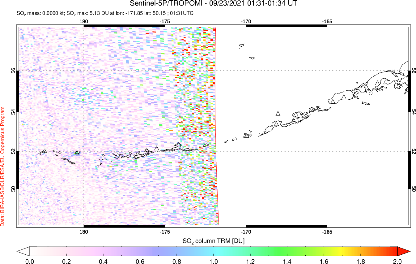 A sulfur dioxide image over Aleutian Islands, Alaska, USA on Sep 23, 2021.