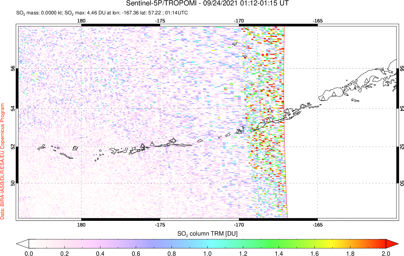 A sulfur dioxide image over Aleutian Islands, Alaska, USA on Sep 24, 2021.