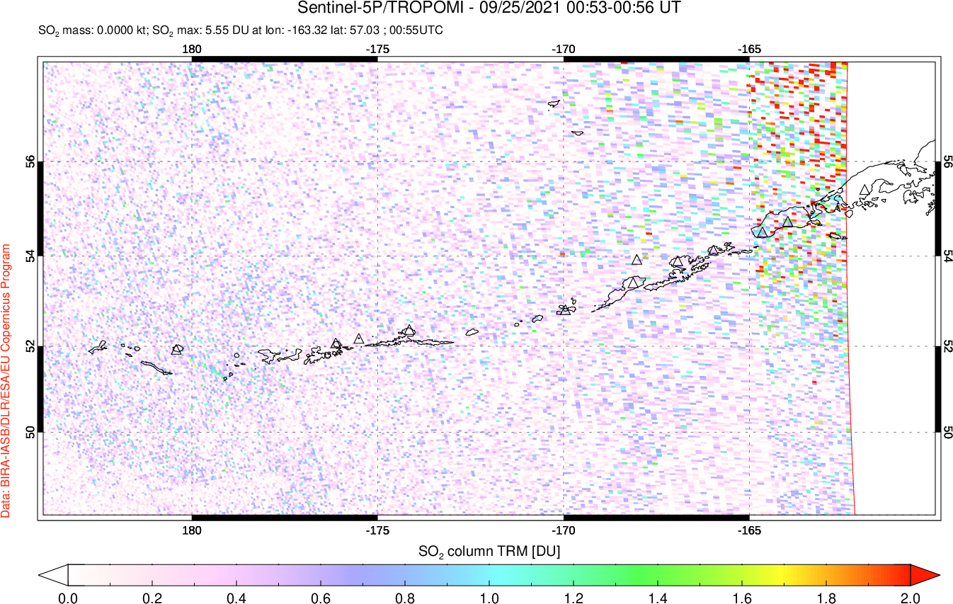 A sulfur dioxide image over Aleutian Islands, Alaska, USA on Sep 25, 2021.