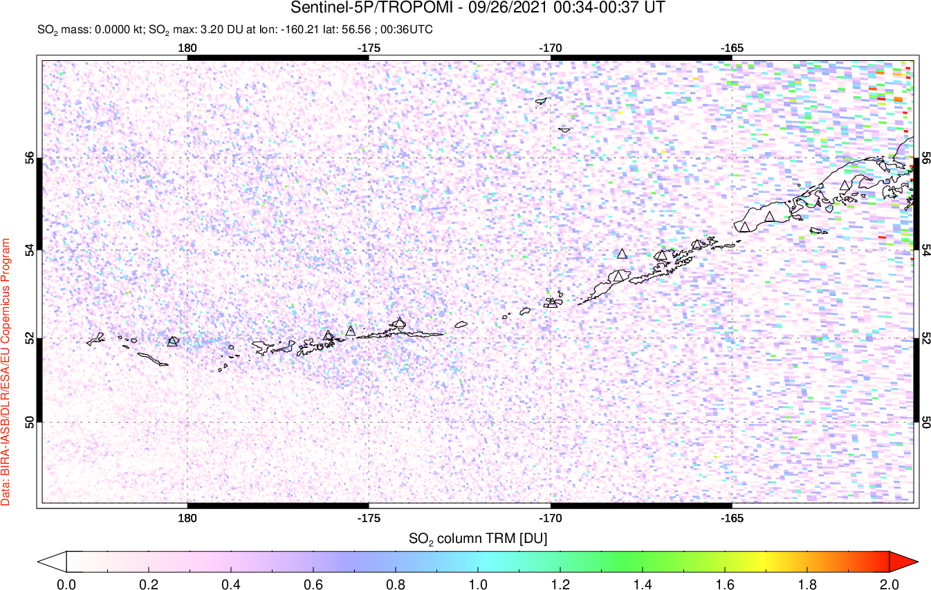 A sulfur dioxide image over Aleutian Islands, Alaska, USA on Sep 26, 2021.