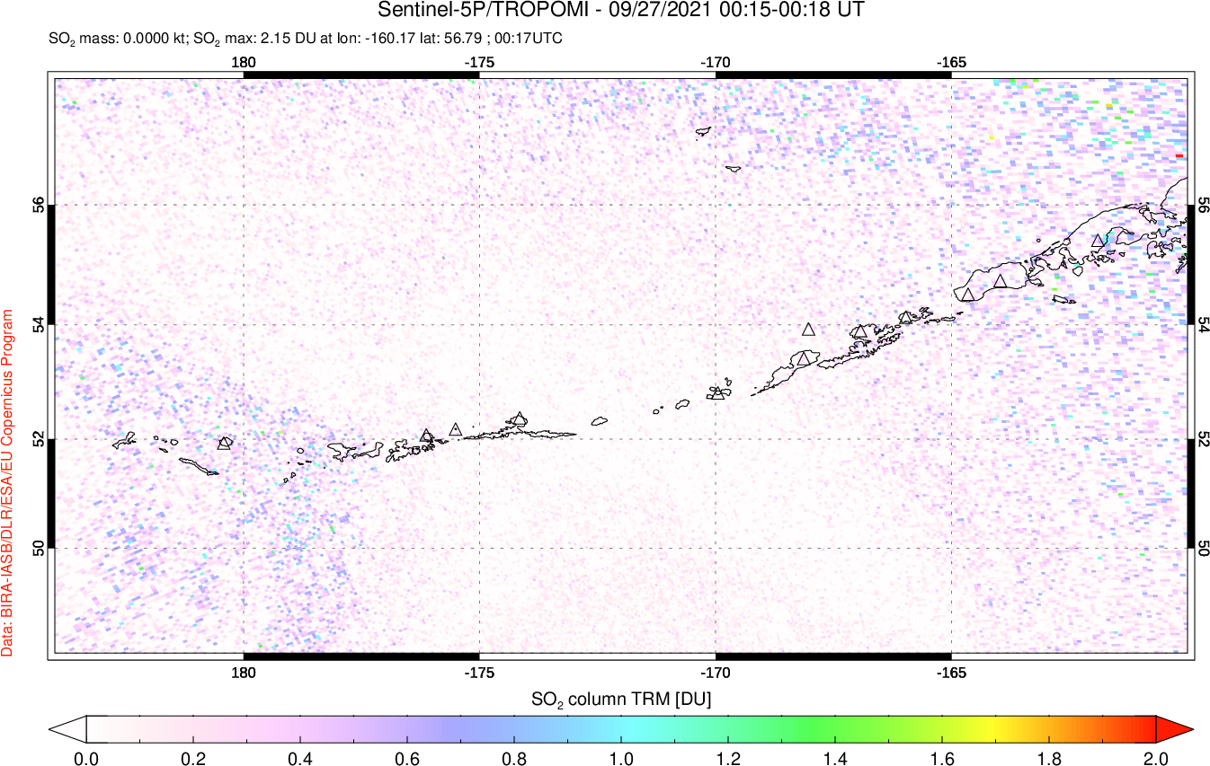A sulfur dioxide image over Aleutian Islands, Alaska, USA on Sep 27, 2021.