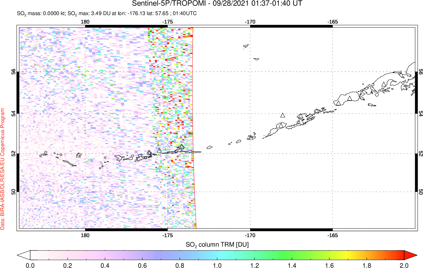 A sulfur dioxide image over Aleutian Islands, Alaska, USA on Sep 28, 2021.