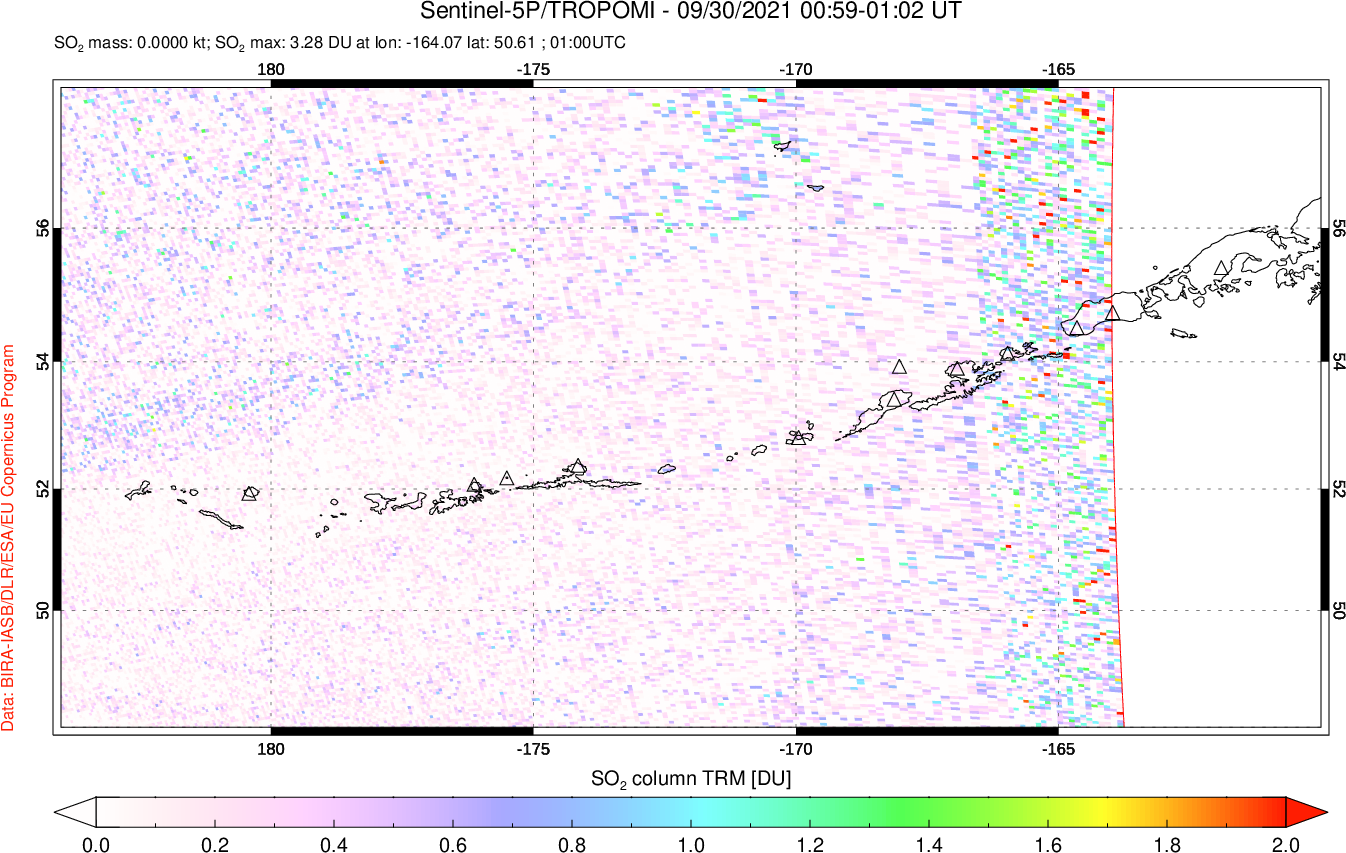 A sulfur dioxide image over Aleutian Islands, Alaska, USA on Sep 30, 2021.