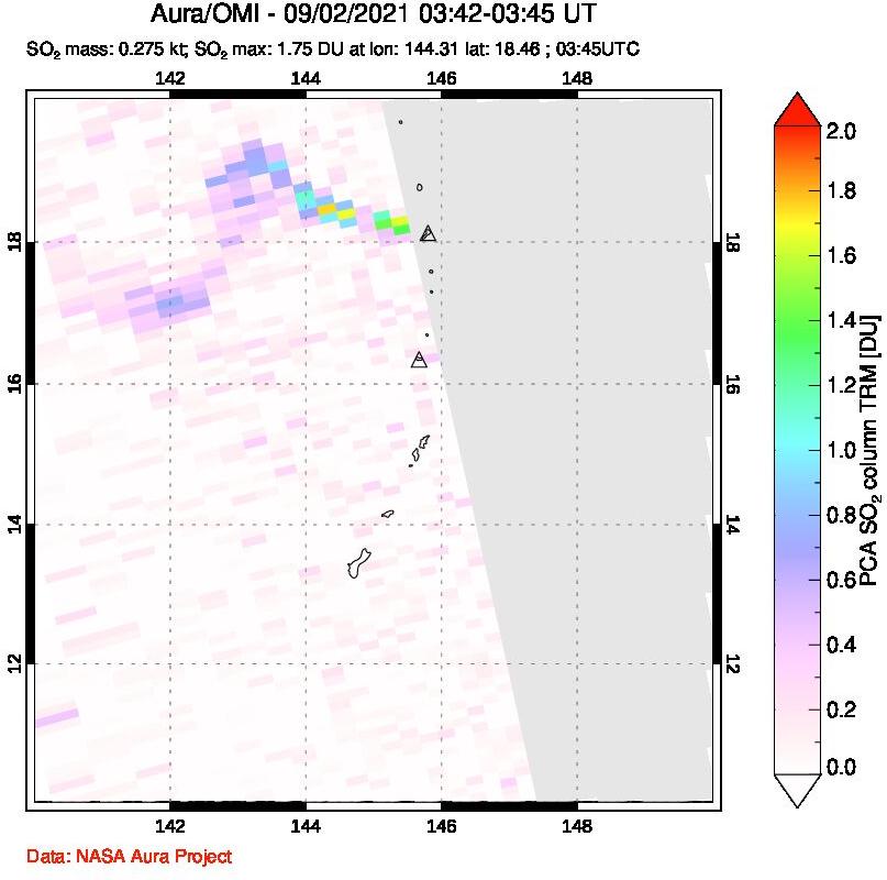 A sulfur dioxide image over Anatahan, Mariana Islands on Sep 02, 2021.