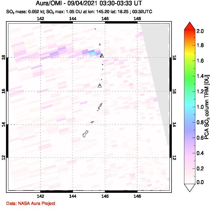 A sulfur dioxide image over Anatahan, Mariana Islands on Sep 04, 2021.