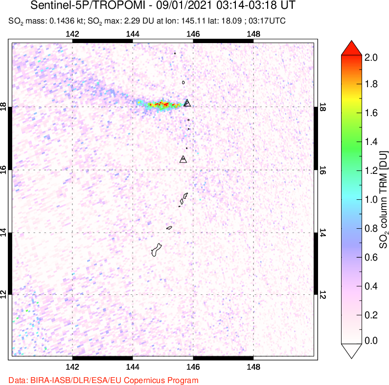 A sulfur dioxide image over Anatahan, Mariana Islands on Sep 01, 2021.