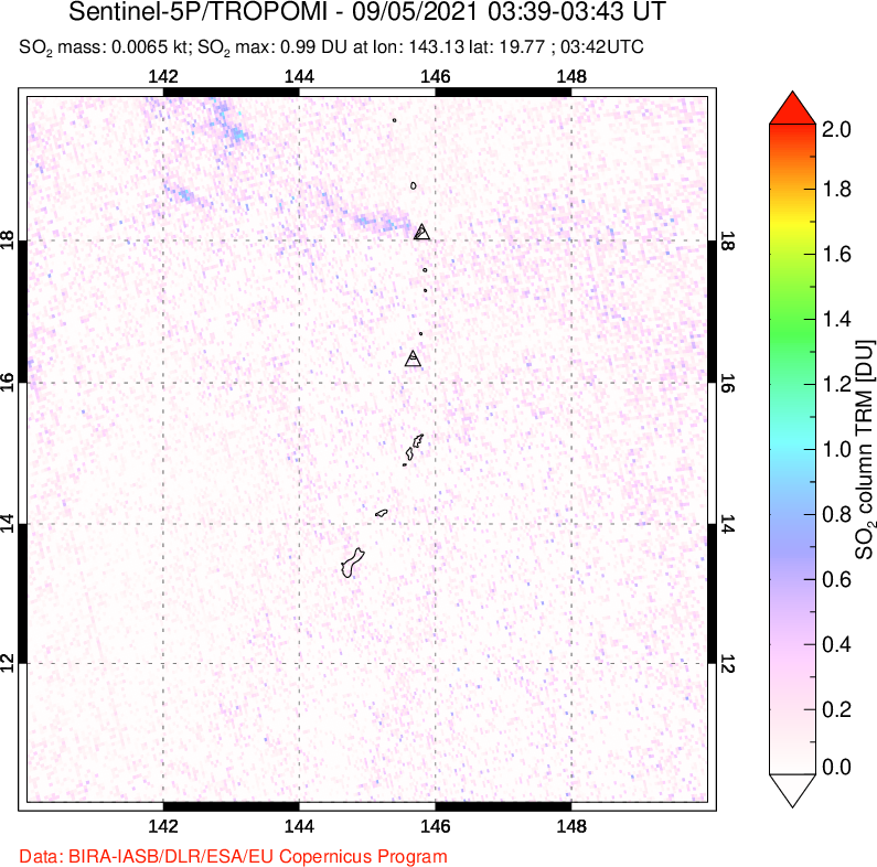 A sulfur dioxide image over Anatahan, Mariana Islands on Sep 05, 2021.