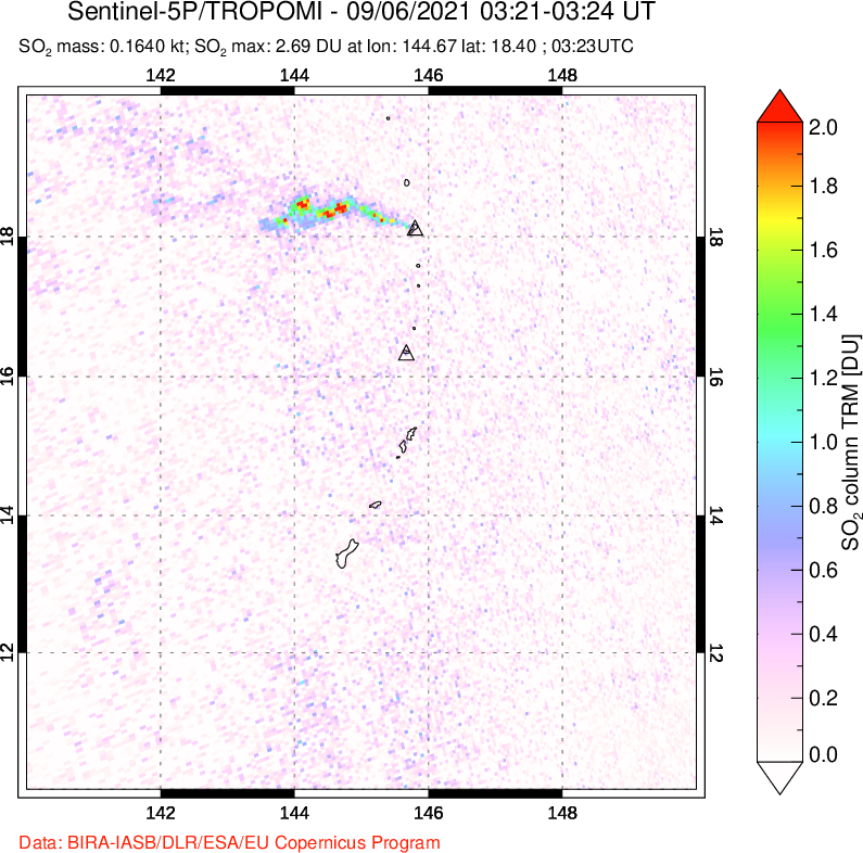 A sulfur dioxide image over Anatahan, Mariana Islands on Sep 06, 2021.