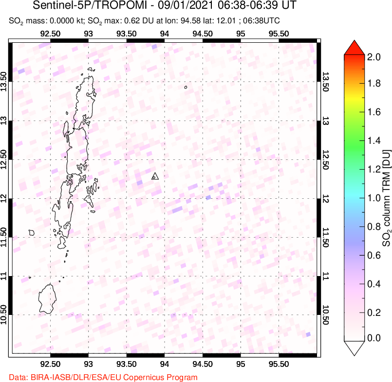 A sulfur dioxide image over Andaman Islands, Indian Ocean on Sep 01, 2021.