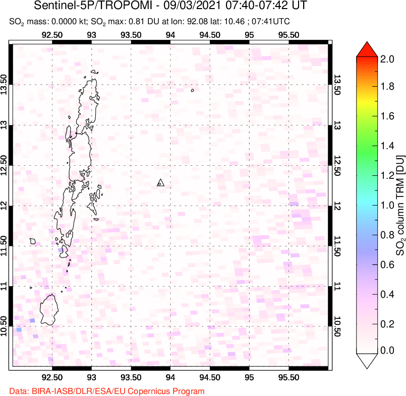 A sulfur dioxide image over Andaman Islands, Indian Ocean on Sep 03, 2021.
