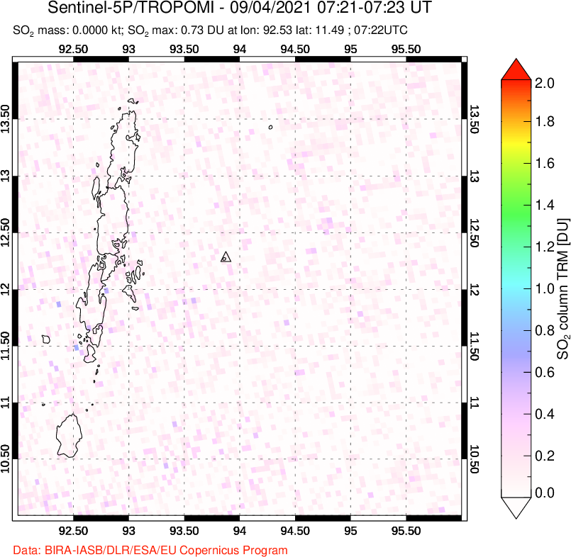 A sulfur dioxide image over Andaman Islands, Indian Ocean on Sep 04, 2021.