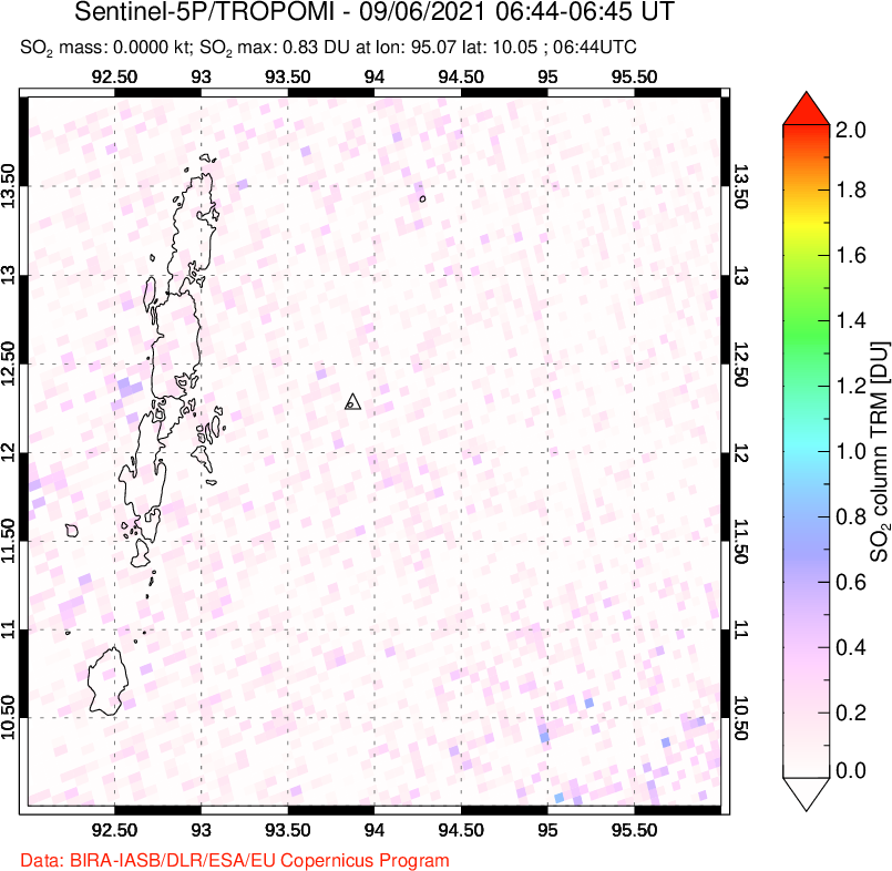 A sulfur dioxide image over Andaman Islands, Indian Ocean on Sep 06, 2021.