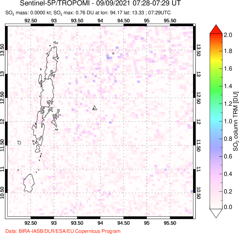 A sulfur dioxide image over Andaman Islands, Indian Ocean on Sep 09, 2021.
