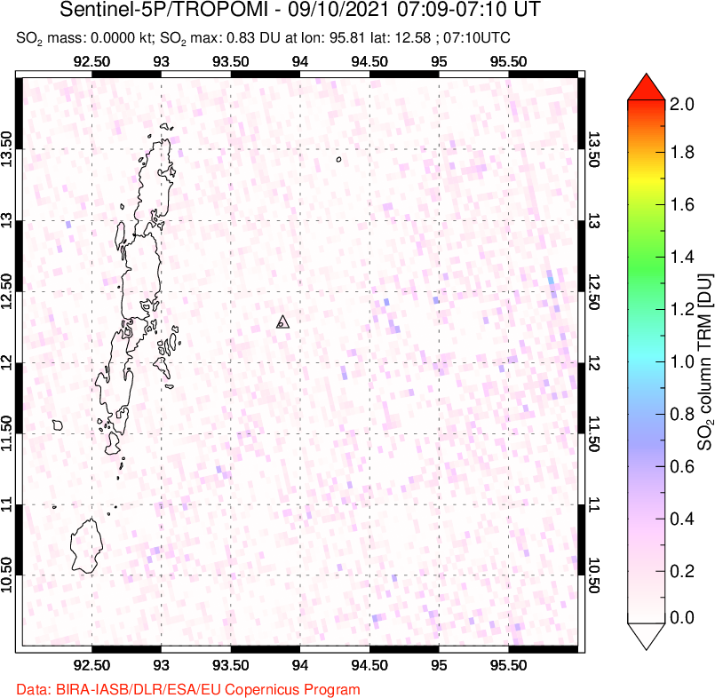 A sulfur dioxide image over Andaman Islands, Indian Ocean on Sep 10, 2021.