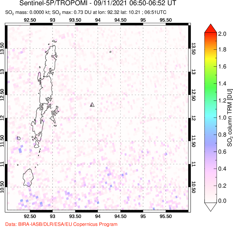 A sulfur dioxide image over Andaman Islands, Indian Ocean on Sep 11, 2021.