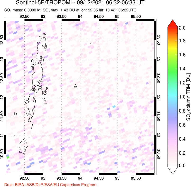 A sulfur dioxide image over Andaman Islands, Indian Ocean on Sep 12, 2021.
