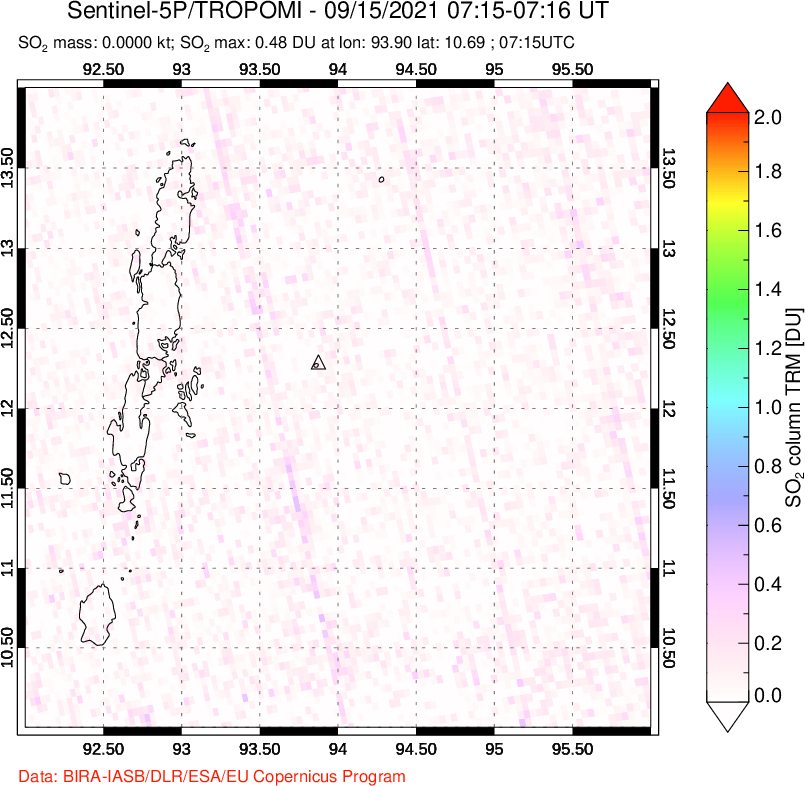 A sulfur dioxide image over Andaman Islands, Indian Ocean on Sep 15, 2021.