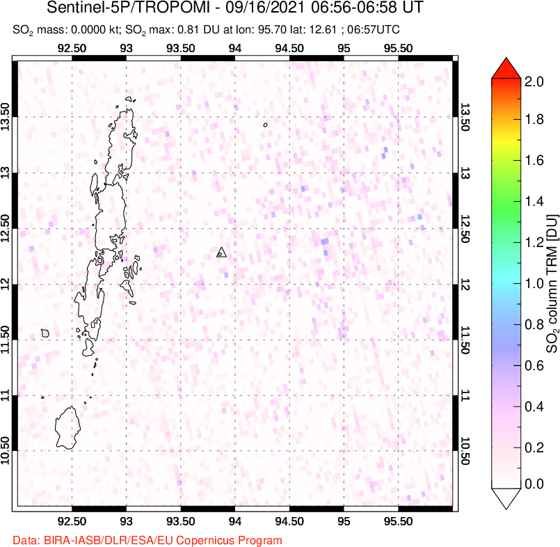 A sulfur dioxide image over Andaman Islands, Indian Ocean on Sep 16, 2021.