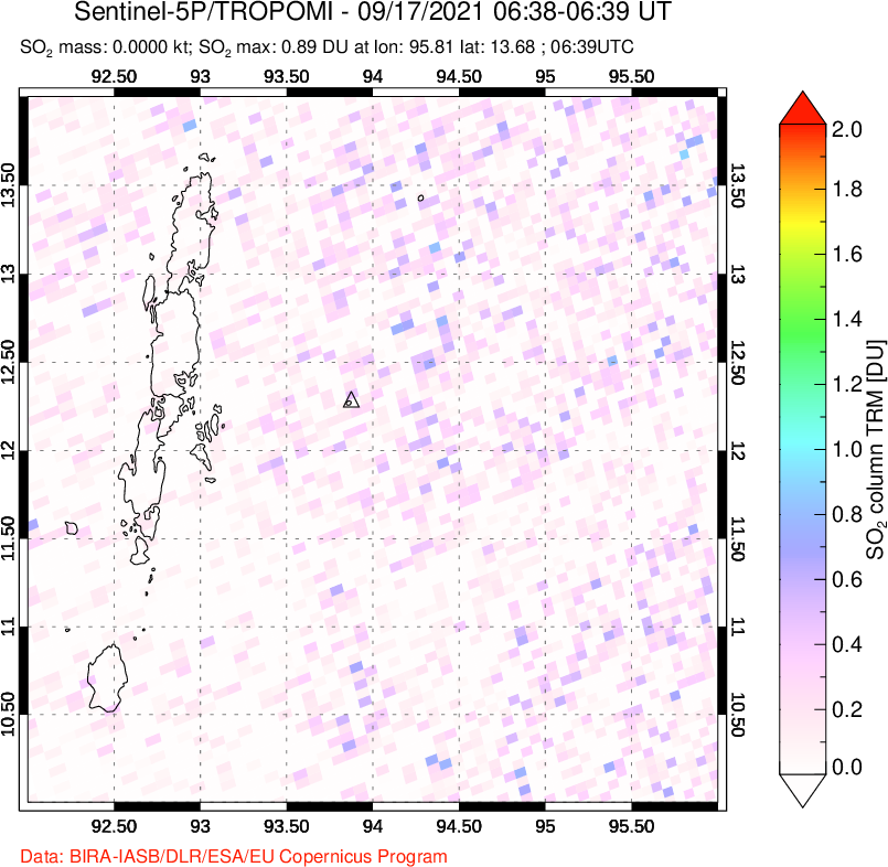 A sulfur dioxide image over Andaman Islands, Indian Ocean on Sep 17, 2021.