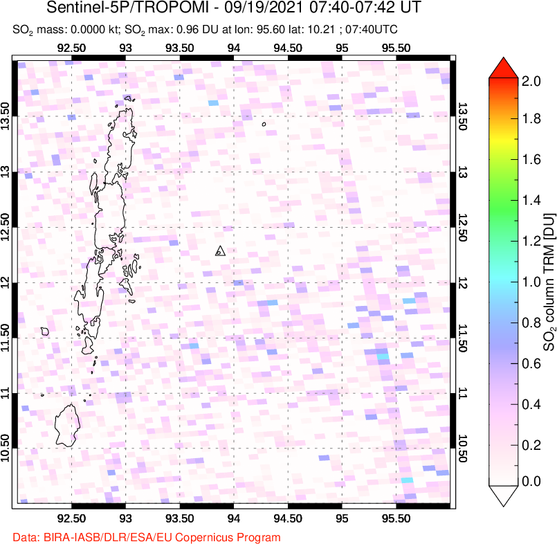 A sulfur dioxide image over Andaman Islands, Indian Ocean on Sep 19, 2021.