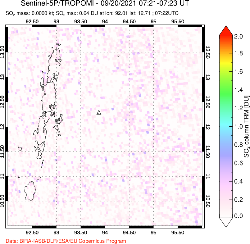 A sulfur dioxide image over Andaman Islands, Indian Ocean on Sep 20, 2021.