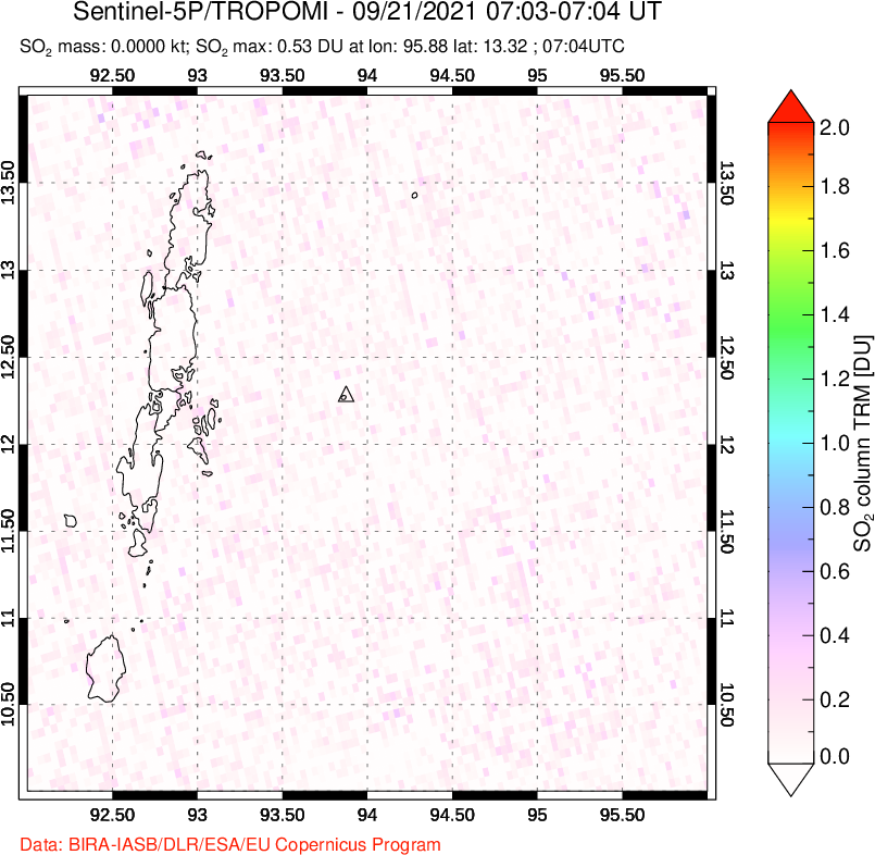 A sulfur dioxide image over Andaman Islands, Indian Ocean on Sep 21, 2021.