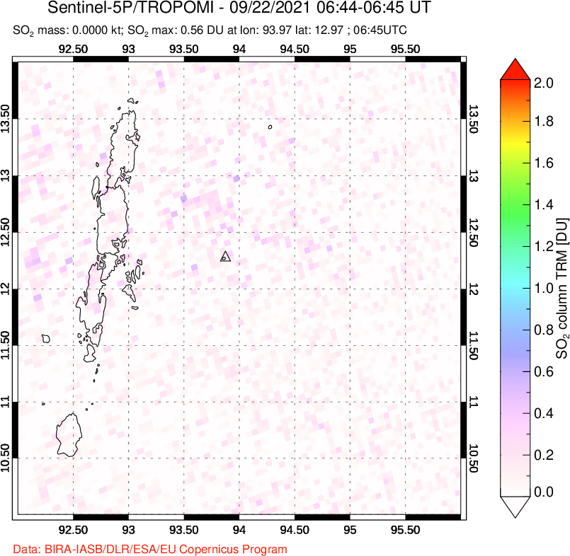 A sulfur dioxide image over Andaman Islands, Indian Ocean on Sep 22, 2021.