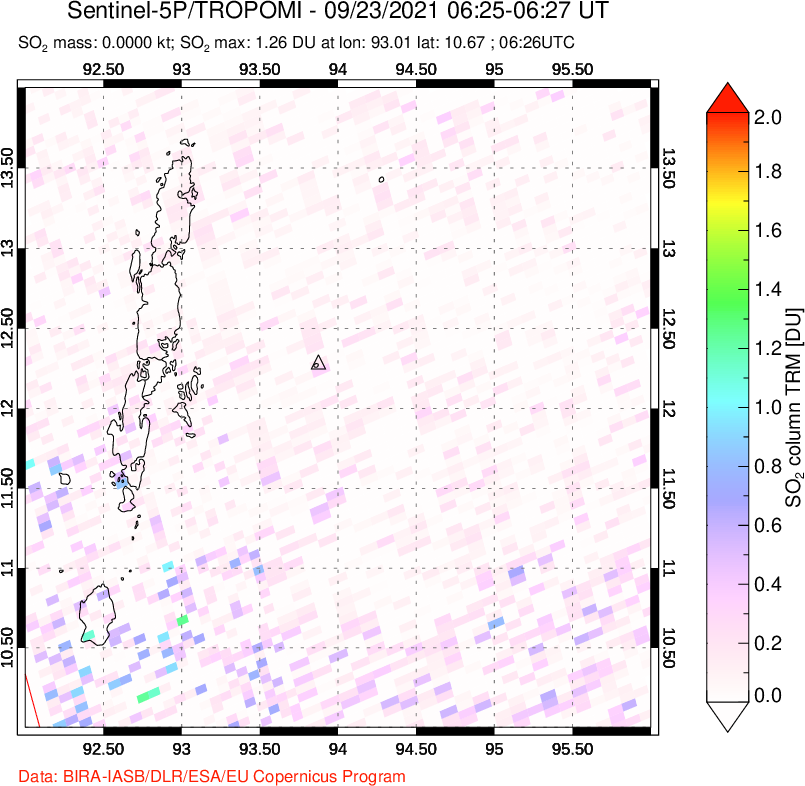 A sulfur dioxide image over Andaman Islands, Indian Ocean on Sep 23, 2021.