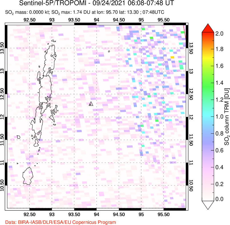A sulfur dioxide image over Andaman Islands, Indian Ocean on Sep 24, 2021.