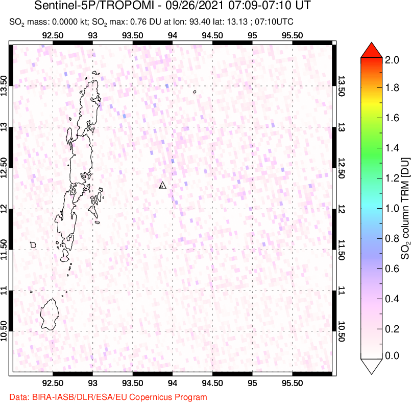 A sulfur dioxide image over Andaman Islands, Indian Ocean on Sep 26, 2021.