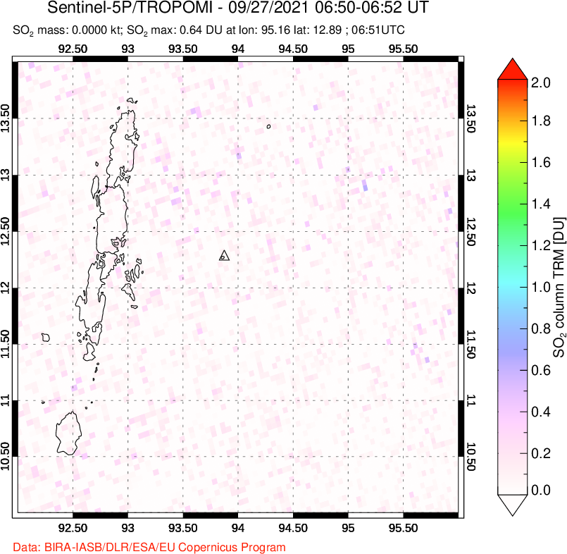 A sulfur dioxide image over Andaman Islands, Indian Ocean on Sep 27, 2021.
