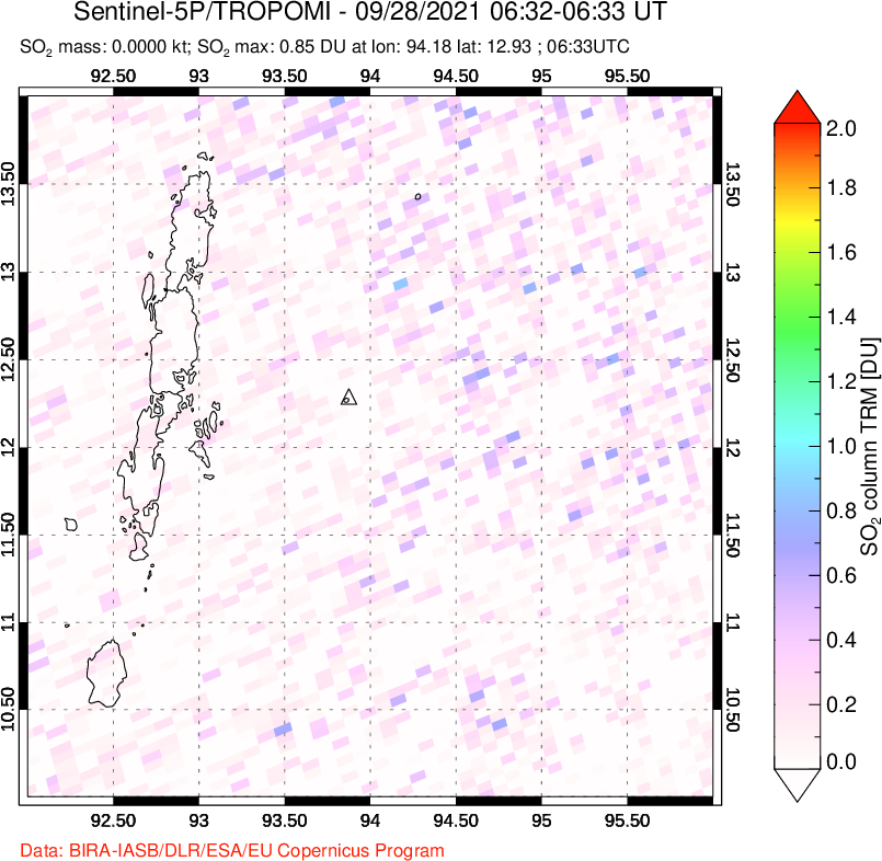 A sulfur dioxide image over Andaman Islands, Indian Ocean on Sep 28, 2021.