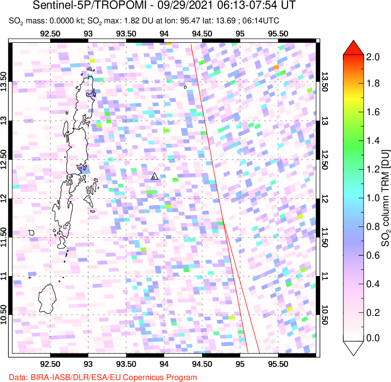 A sulfur dioxide image over Andaman Islands, Indian Ocean on Sep 29, 2021.