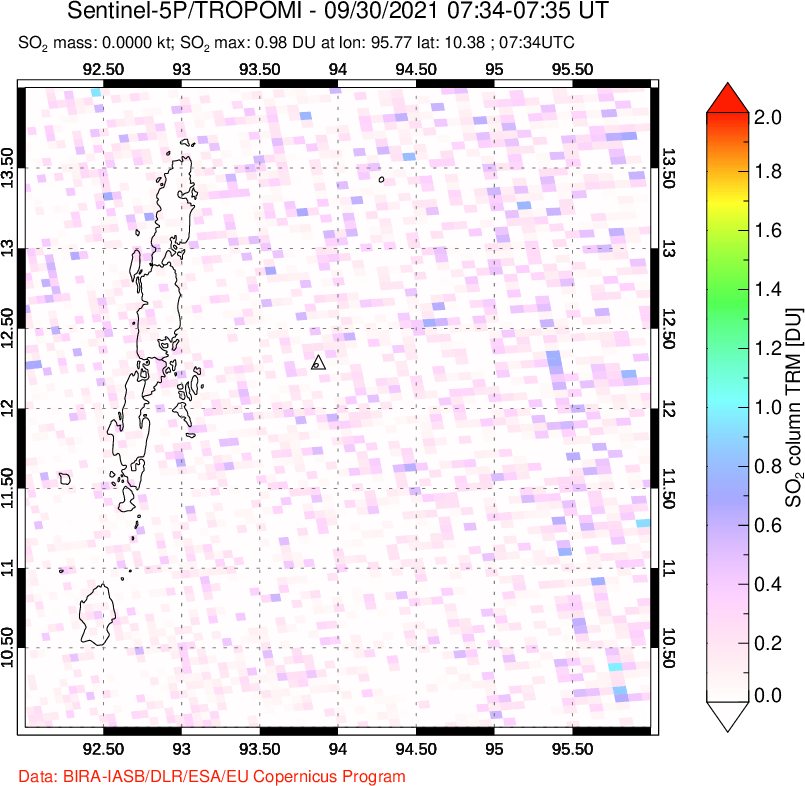 A sulfur dioxide image over Andaman Islands, Indian Ocean on Sep 30, 2021.