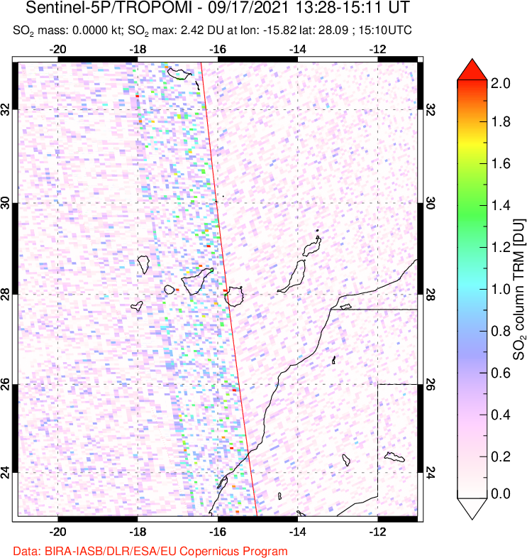 A sulfur dioxide image over Canary Islands on Sep 17, 2021.