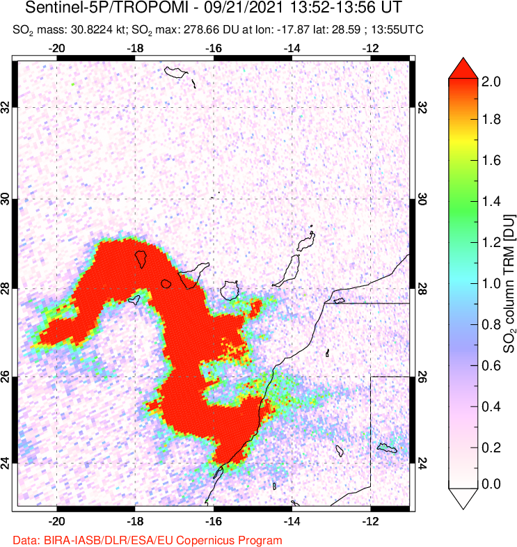 A sulfur dioxide image over Canary Islands on Sep 21, 2021.