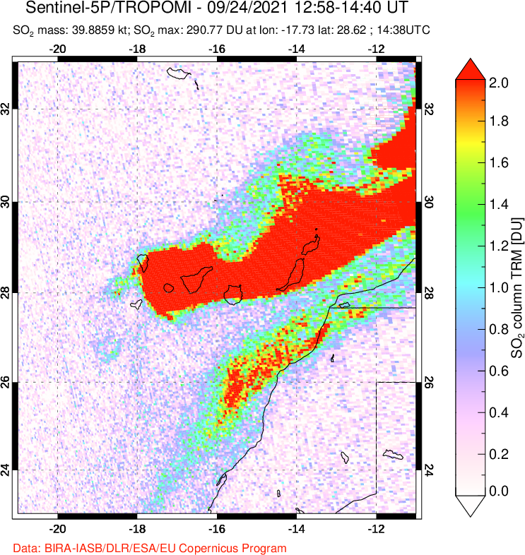 A sulfur dioxide image over Canary Islands on Sep 24, 2021.