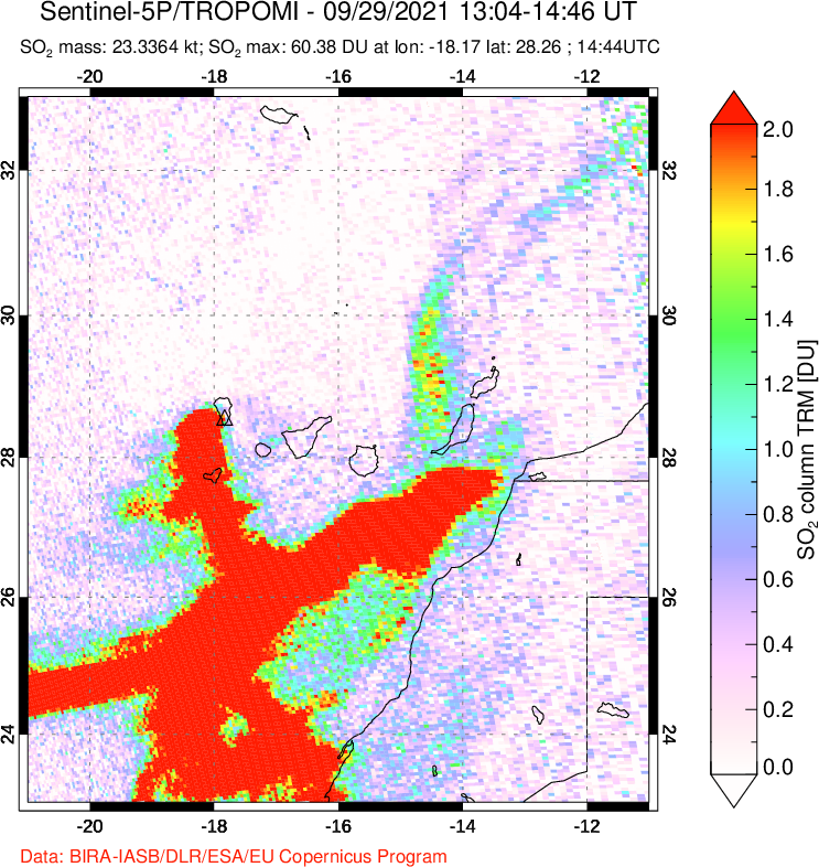 A sulfur dioxide image over Canary Islands on Sep 29, 2021.